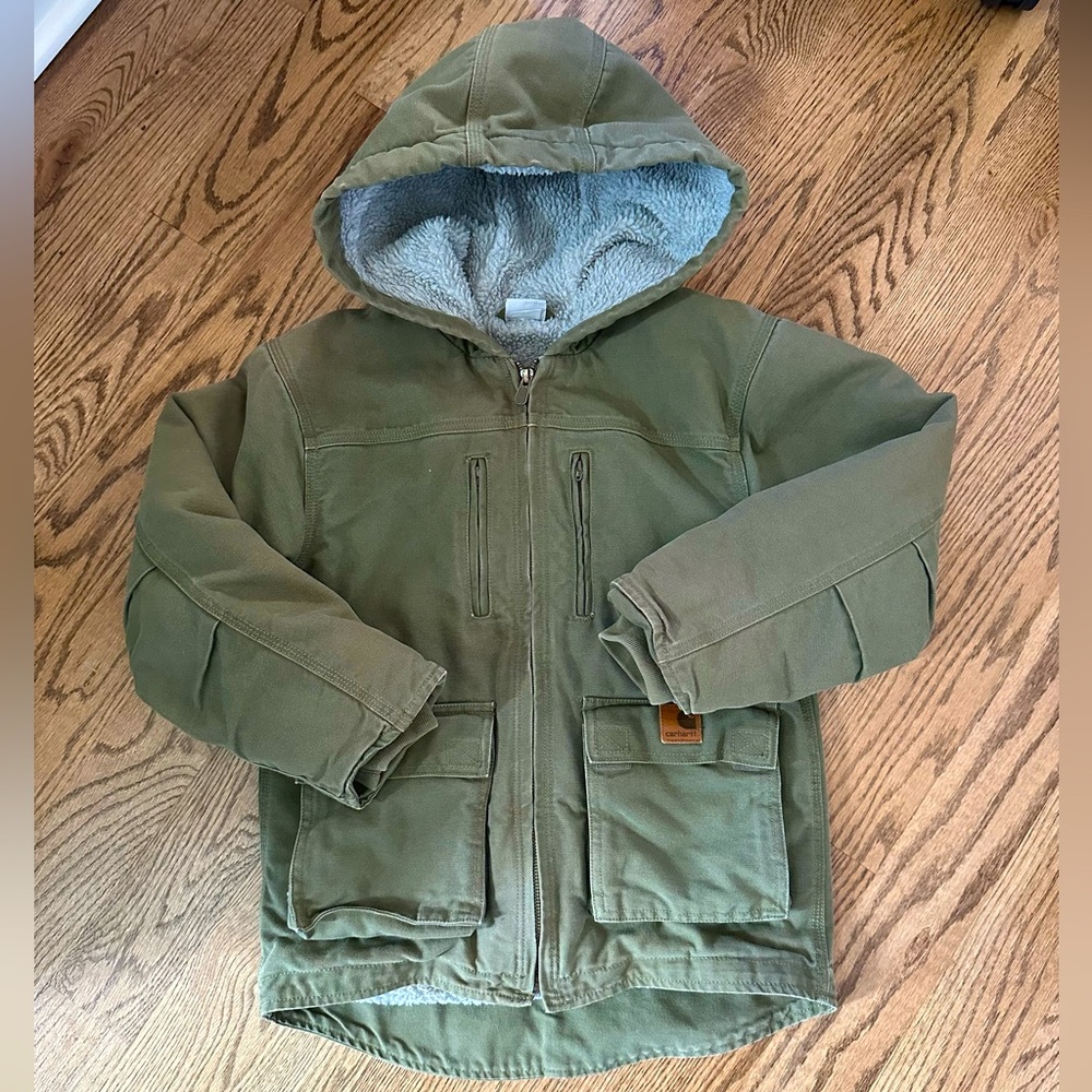Carhartt Kids Sherpa Fleece Lined Duck Canvas Coat Rancher Jacket 8/10 Small